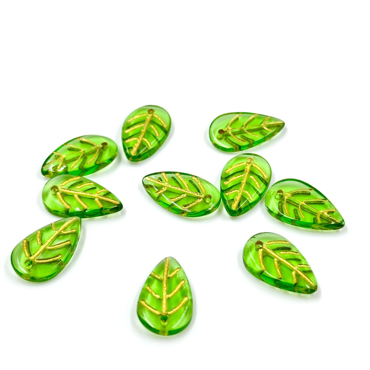 10pcs Green Leaf Beads with Gold vein