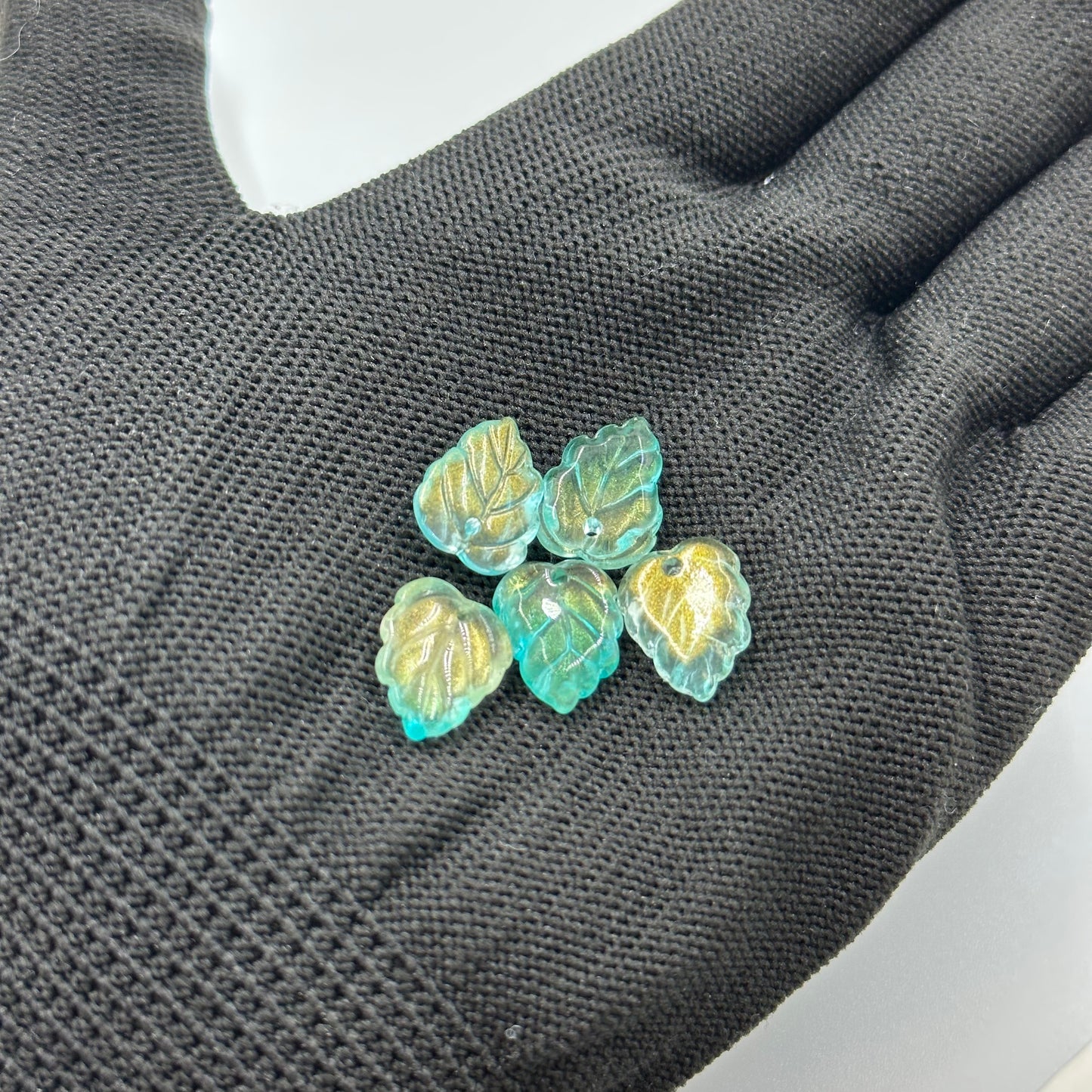 10pcs Czech Gilded Blue Leaf Beads