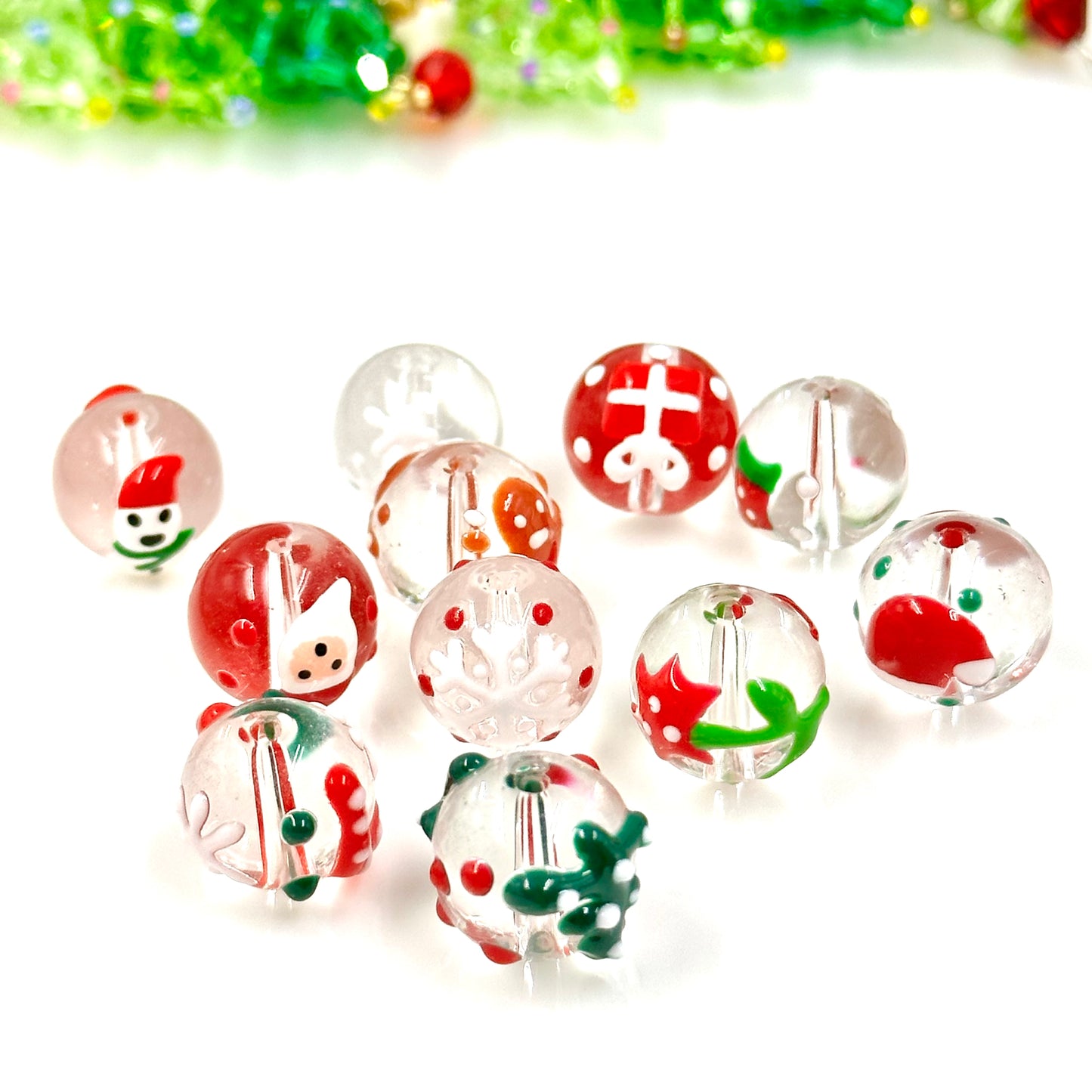 12mm Christmas Themed Glass Beads