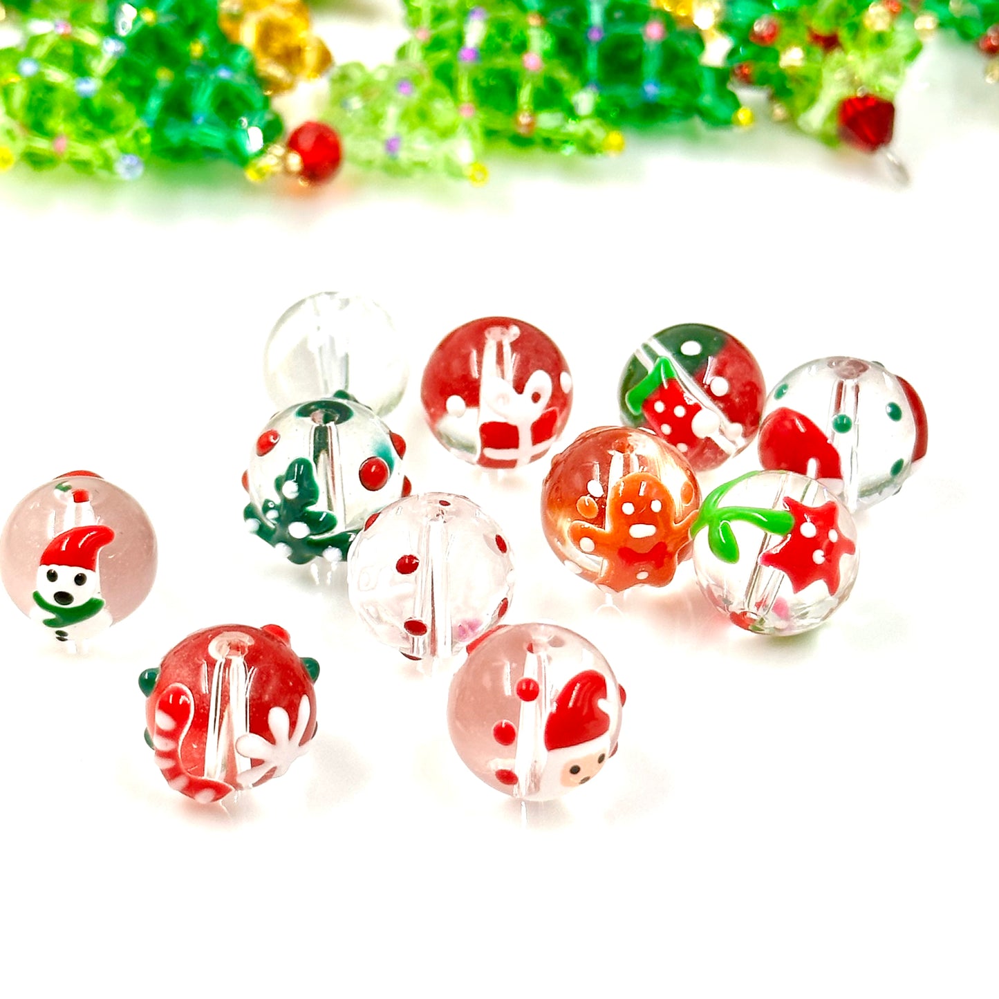 12mm Christmas Themed Glass Beads